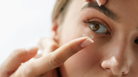 Frau setzt Kontaktlinse auf das Auge